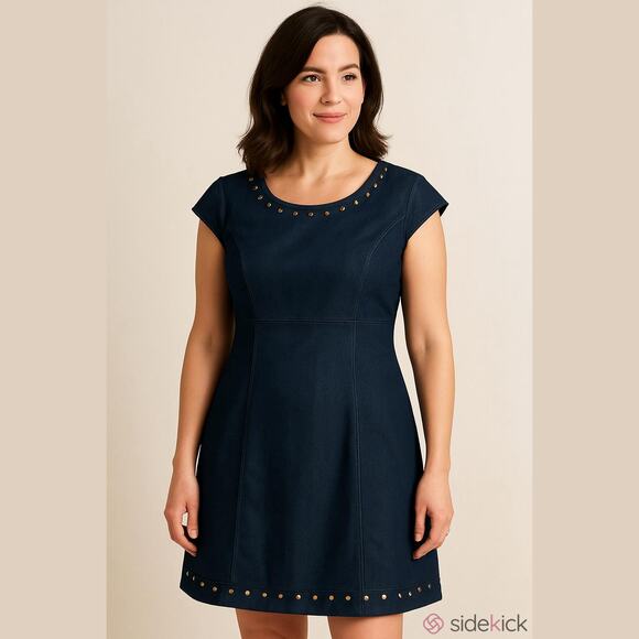 Betsey Johnson Navy Blue Cap Sleeve Gold Studded Detail Shift Dress Women Sz 2 - Picture 1 of 10